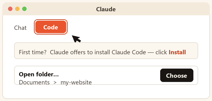 The Claude app with the Code tab highlighted and a folder chooser